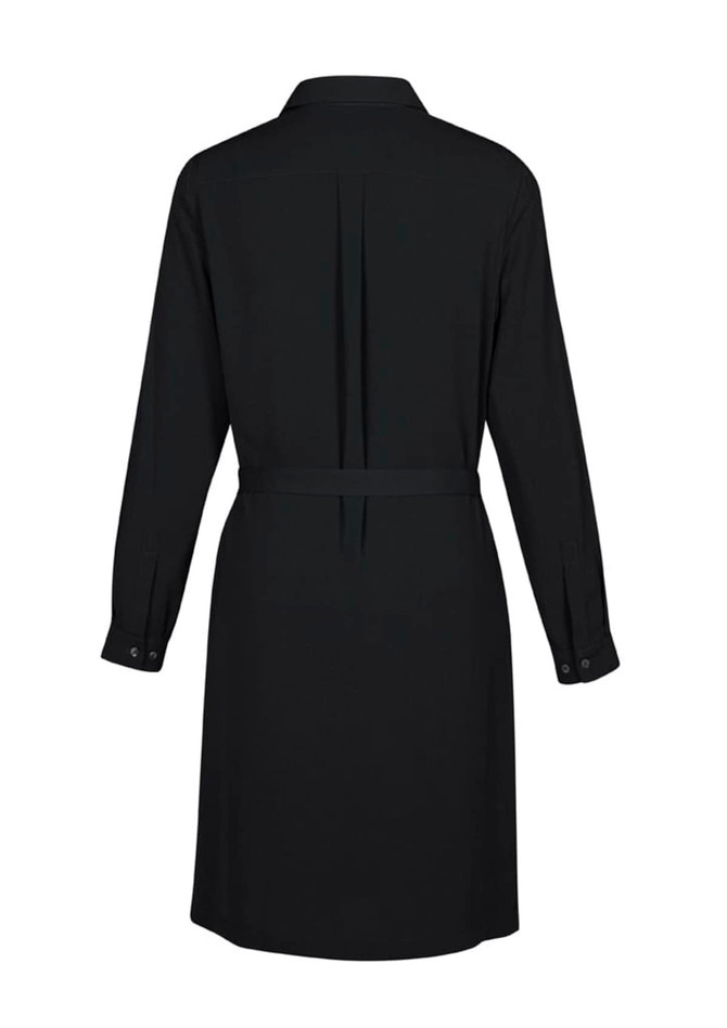 A black women's dress with a collar, long sleeves, a belted waist, and back pleats. It features a logo.