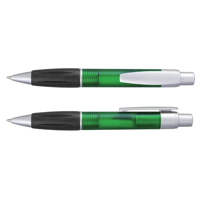 A green plastic pen with silver accents, featuring a push button and a grip section. It has a branding logo on the barrel.