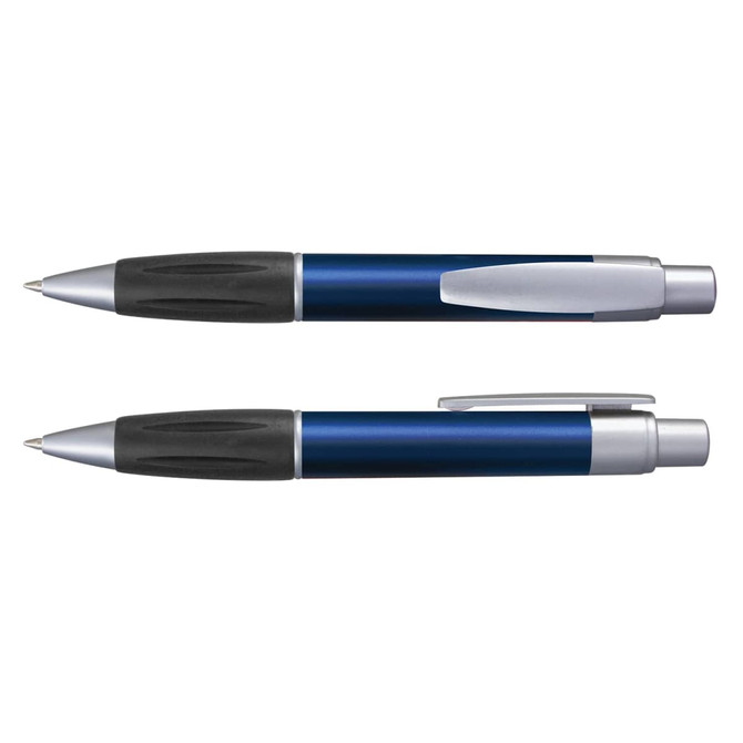 A metallic blue pen with a black grip and silver accents, featuring a logo on its body.