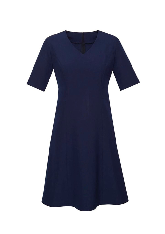 A navy blue extended short sleeve dress with a v-neck and flared skirt. It features a back zip and has a logo.