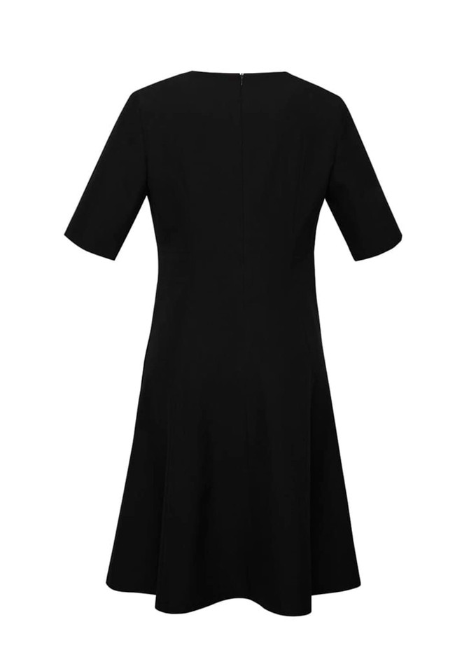 A black women's dress with extended short sleeves, featuring a fitted bodice and flared skirt silhouette.