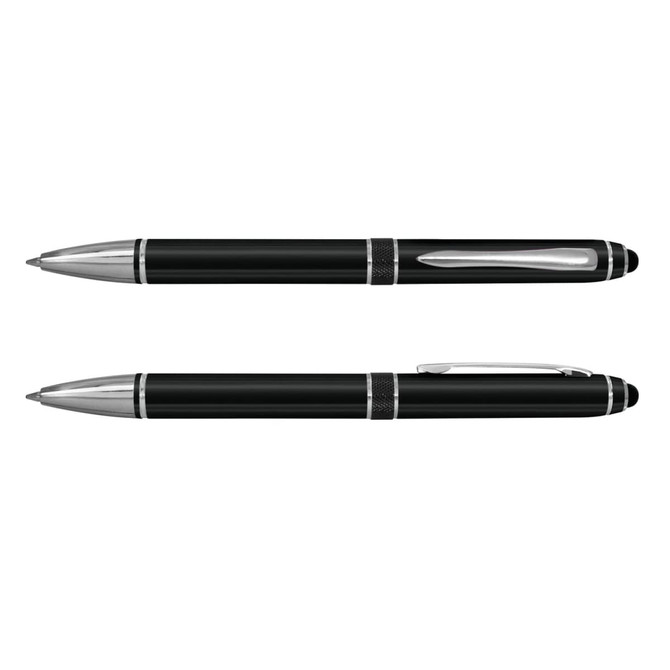 A black stylus pen with a sleek design and silver accents. It features a removable cap for the writing tip.