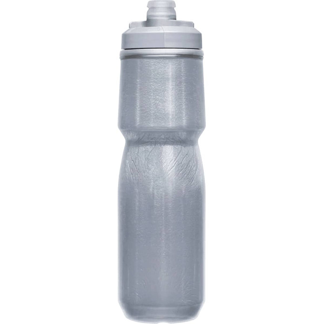 A drink bottle in clear grey with a white cap and a textured grip design. It features a logo on the side.