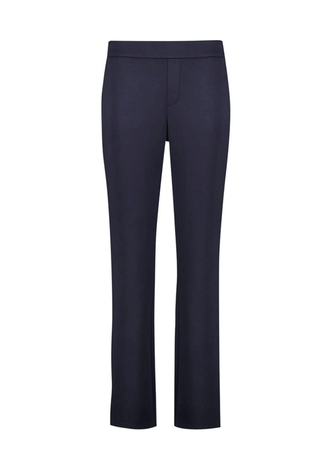 Navy mid-rise pull-on pants made from scuba ponte fabric, featuring a sleek design and a subtle branding logo.