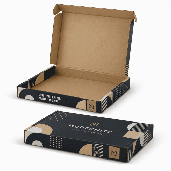 A die-cut packaging box featuring a modern design in black with geometric patterns, open to reveal a kraft interior.