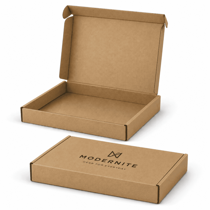 A rectangular, die-cut packaging box in brown cardboard, featuring a logo on the front and an open lid design.