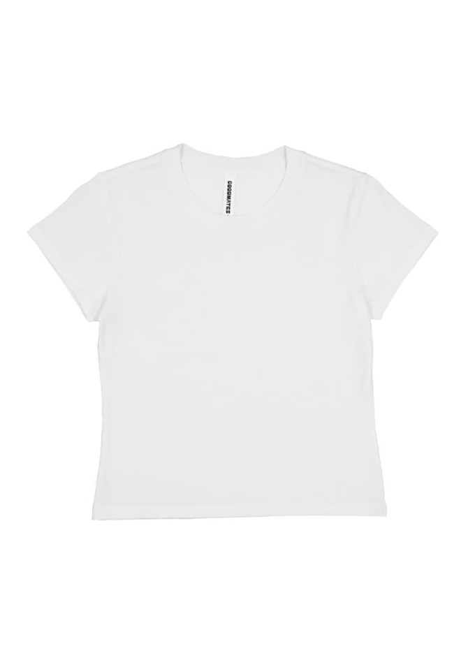 A white women's baby tee with short sleeves and a fitted design. The tee features a brand logo on the inside label.