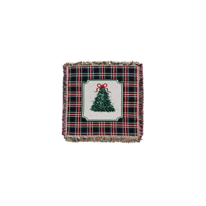 A Tapestry Blanket featuring a Christmas tree design, surrounded by a red and green plaid pattern with fringed edges.