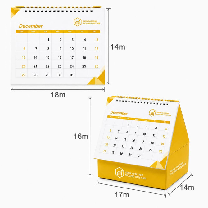 A yellow desk calendar with an organiser, featuring a spiral top and a triangular base, displaying the month of December.
