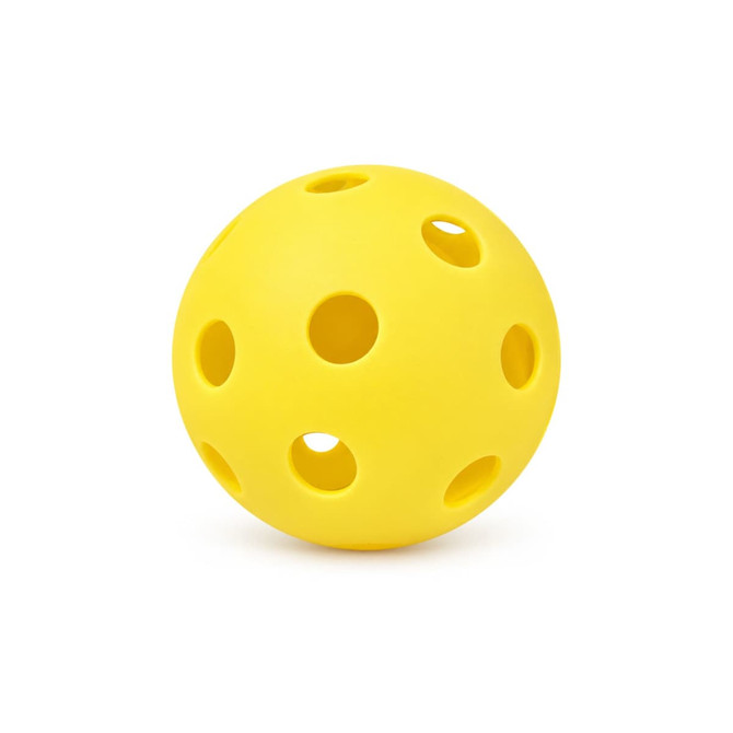 A bright yellow pickleball with holes, designed for the game of pickleball.