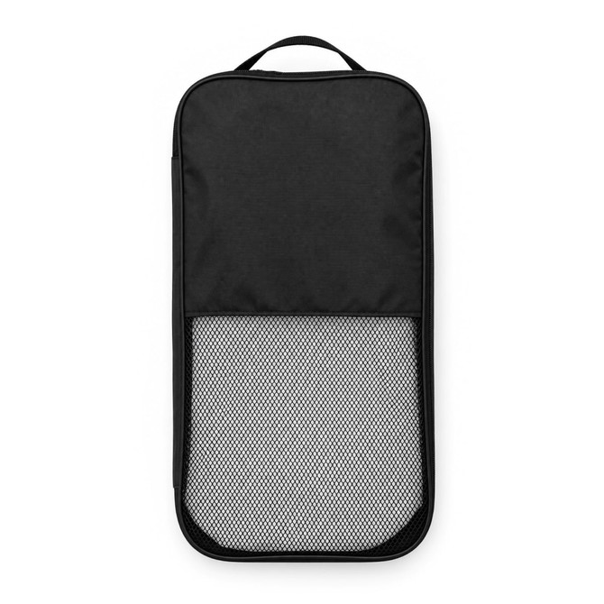 A black carrying case featuring a mesh panel, designed for storage and transport. Has a handle for easy carrying.