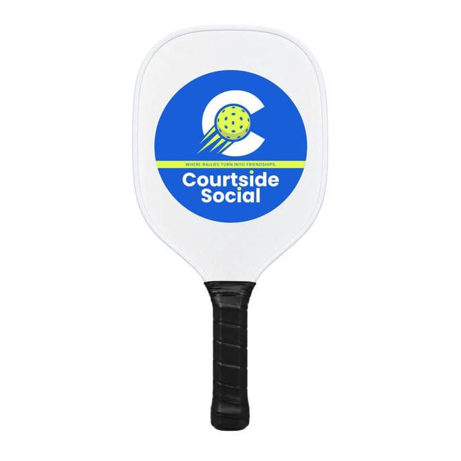 A white pickleball paddle with a circular logo featuring a yellow ball and blue accents. It has a black grip.