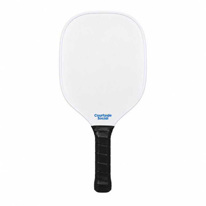 A white pickleball paddle with a black handle, featuring a logo near the bottom of the paddle.