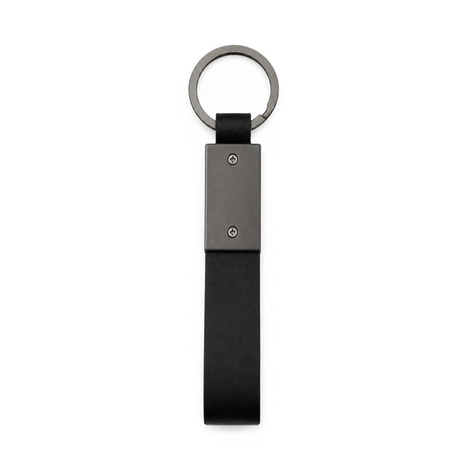A black keytag with a metal ring and a rectangular metal plate attached. Simple and stylish design.