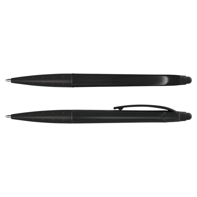 A black stylus pen with a smooth design and a clip for easy attachment, featuring a logo.