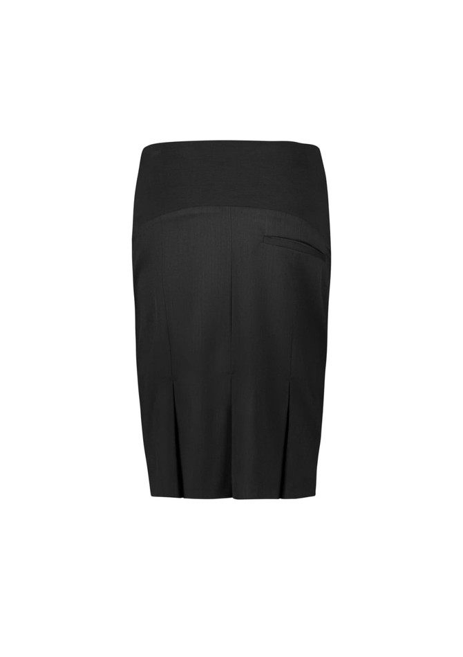 A black maternity skirt featuring a comfortable waistband and a pleated design. It includes a pocket.