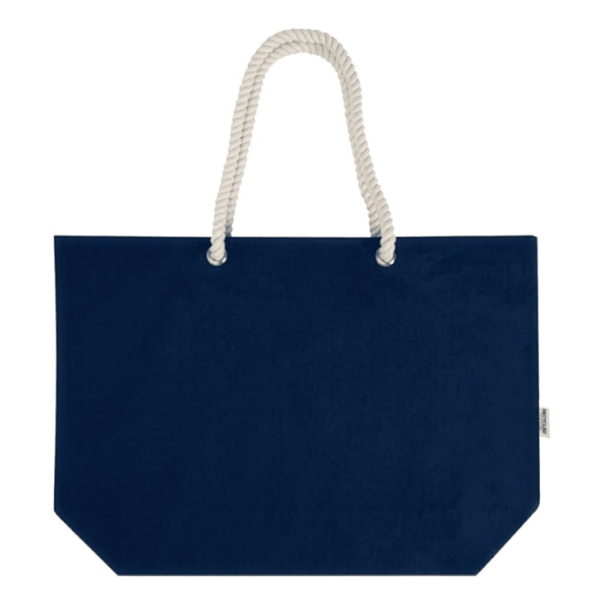 A navy blue tote bag with a rope handle and a simple design, featuring a logo on the side.