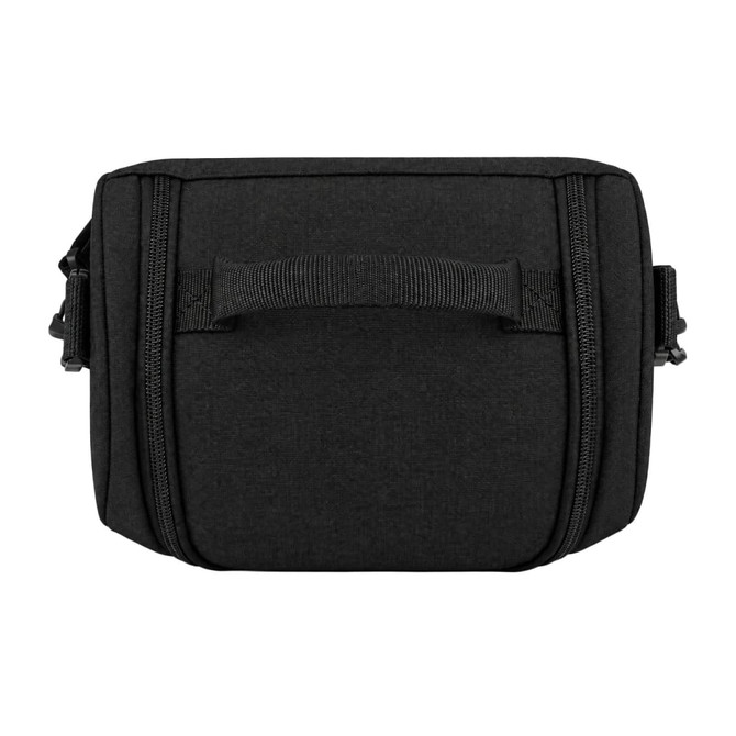 A black cooler bag with a zippered opening and a sturdy handle on top. It features a simple design and a logo.