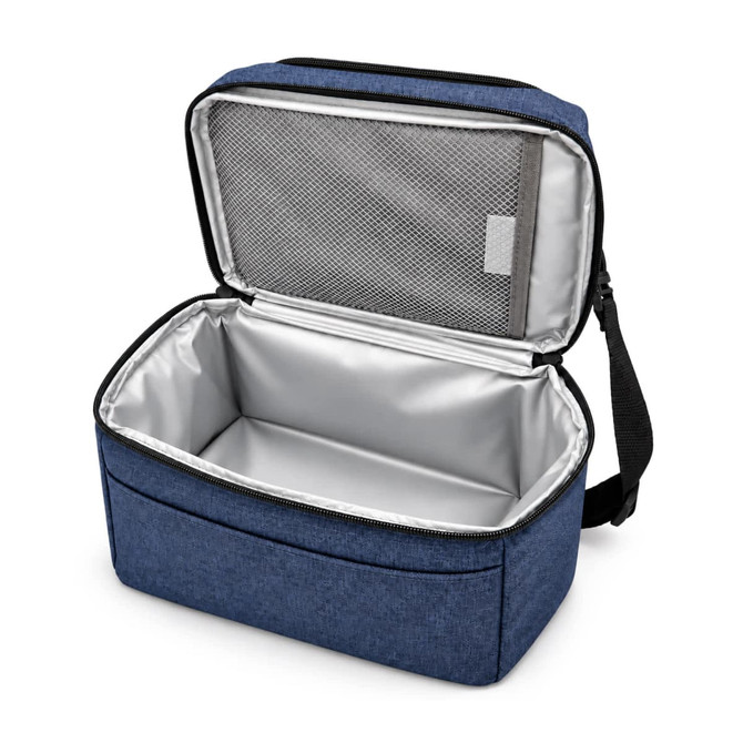 A blue cooler bag with a silver insulated interior and a zippered opening. It features a front pocket and an adjustable strap.