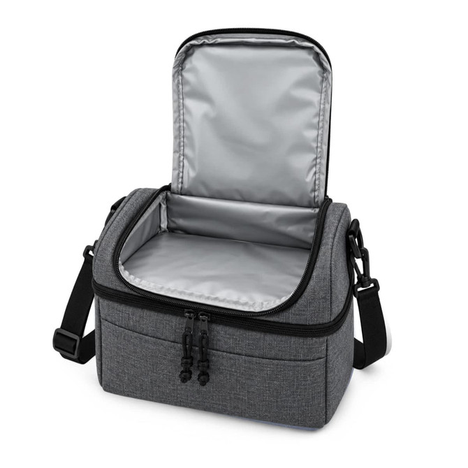 A grey cooler bag with a zippered opening and a silver interior, featuring a removable shoulder strap.