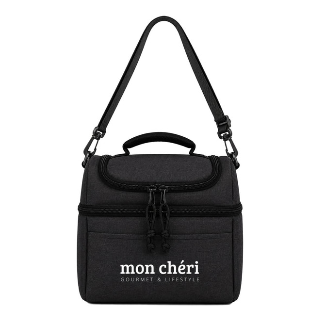 A grey cooler bag with a handle and adjustable strap, featuring a logo on the front.