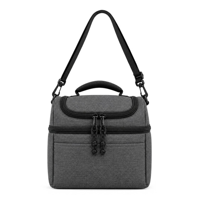 A grey cooler bag with a top handle and adjustable shoulder strap, featuring dual zippered compartments.