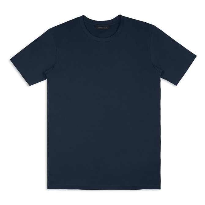 A navy unisex T-shirt with a round neckline and short sleeves, featuring a logo.