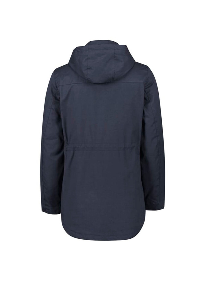A women's jacket in navy blue with a hood and a slightly loose fit, featuring a logo on the back.