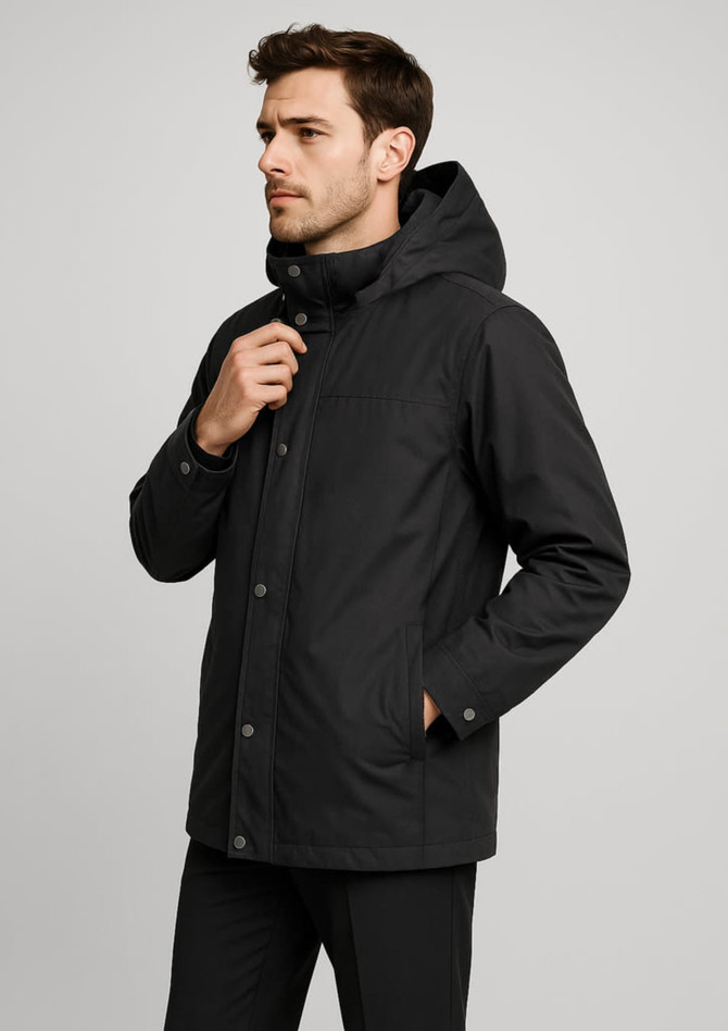 A black men's jacket with a hood, featuring a button and zip closure, designed for comfort and style.