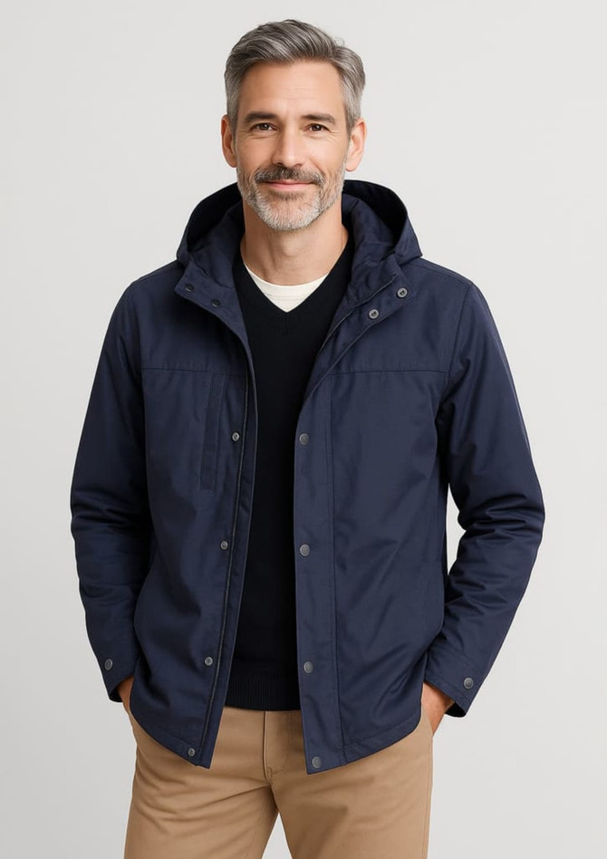 A navy men's jacket with a hood, featuring a zip and button closure, displayed on a man.