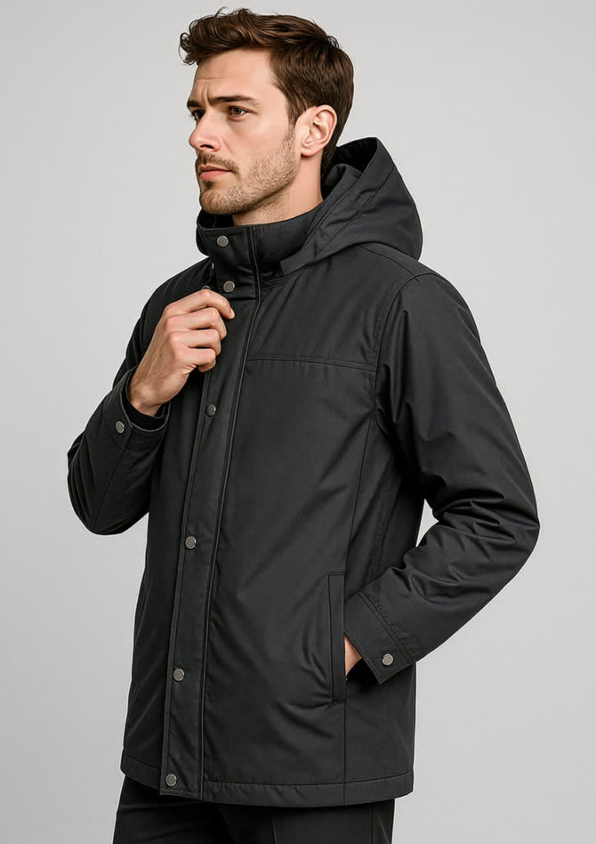 A black men's jacket with a hood, featuring a front zip and snap closure, and side pockets.