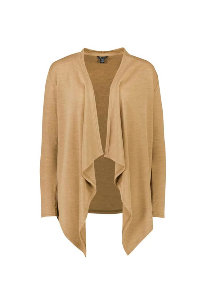 A lightweight, beige waterfall cardigan with an open front and long sleeves, featuring a simple design and branding.
