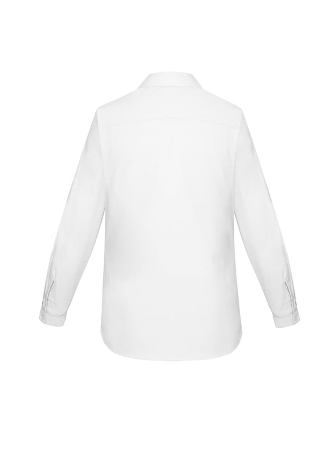 A white long sleeve button-up shirt for women with a simple back design and rolled sleeves. Features a logo.