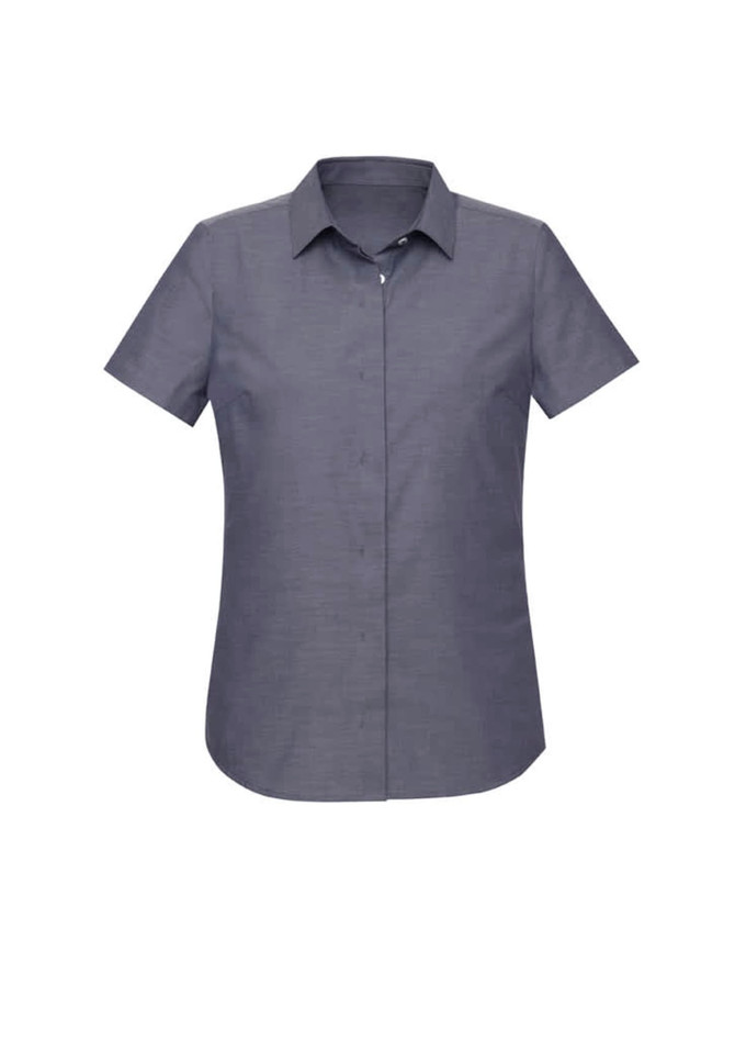 A women's short sleeve button-up shirt in a dark grey colour, featuring a classic collar and a logo.