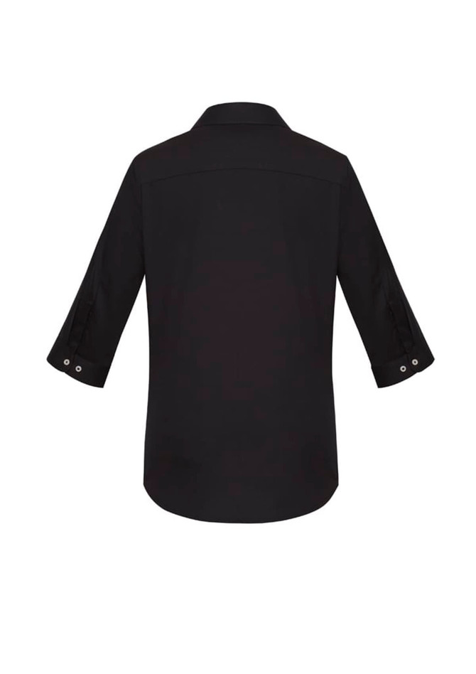 A black 3/4 sleeve button-up women's shirt with a collar and rolled sleeves. Features a logo on the back.