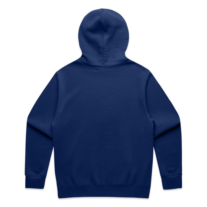 A navy blue hoodie with a hood and long sleeves, featuring a plain back design. It includes a logo.