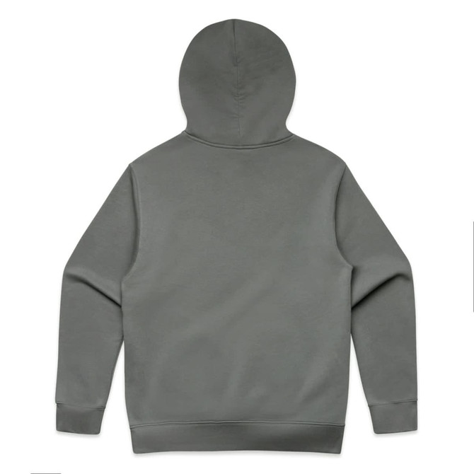 A grey hoodie with a hood and ribbed cuffs, featuring a plain back design and no visible branding.