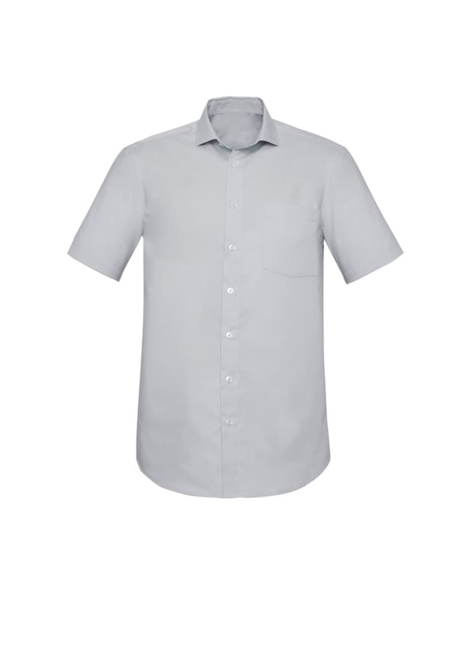 A short sleeve, button-up shirt in light grey with a chest pocket and a branded logo.