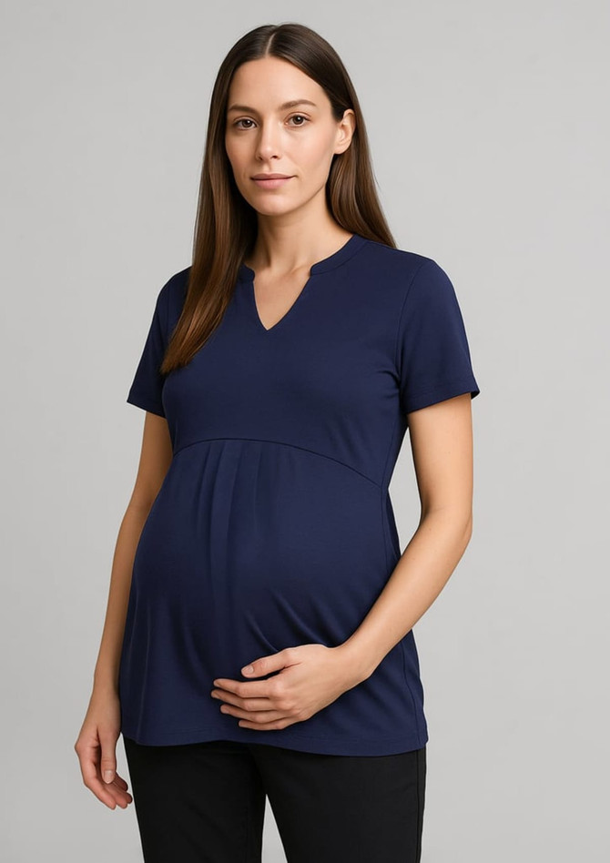 A navy blue women's Mali Stretch Tunic T-Top featuring a V-neck design, ideal for maternity wear.