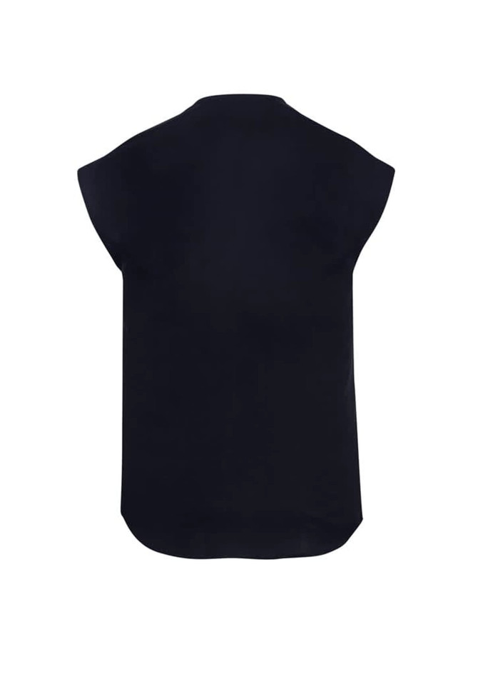 A black women's blouse with short sleeves and a rounded hem, featuring a logo.