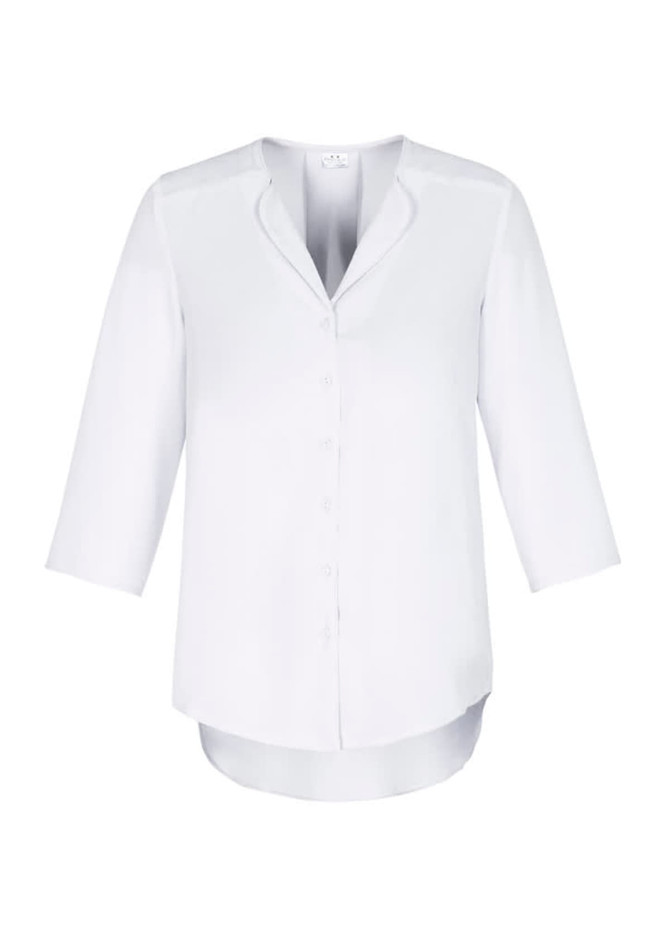A white longline blouse with a button-up front and three-quarter sleeves. It features a subtle collar and a curved hem.