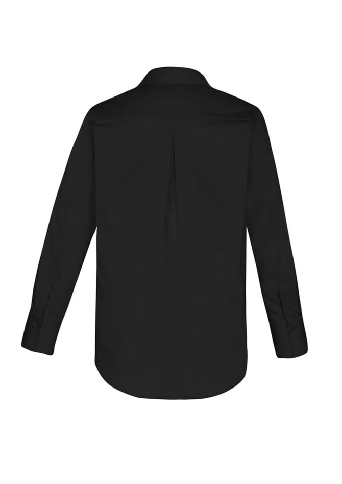 A black women's long sleeve button-up shirt with a back pleat and cuffs. It features a collar and a branded logo.
