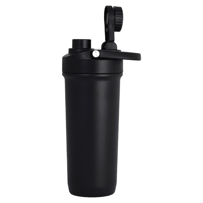 A drink bottle in black with a screw-on lid, featuring a flip-top spout and a logo.