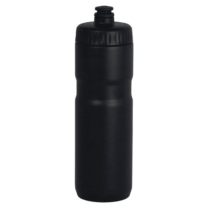 A drink bottle in matte black, featuring a screw-on lid and a logo on the side. Holds 750ml.