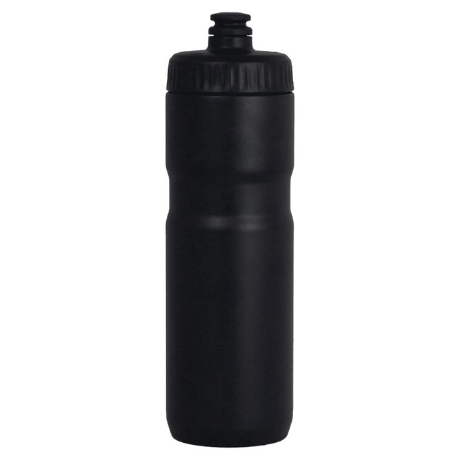 A drink bottle in black, featuring a screw top, made of durable material, with a logo on its side.