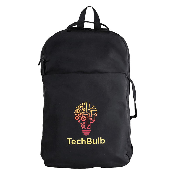 A black backpack featuring a logo with a light bulb design and multicoloured elements.