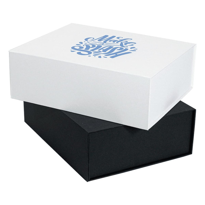 A magnetic gift box set in white and black, stacked one on top of the other, featuring a decorative design on the top.