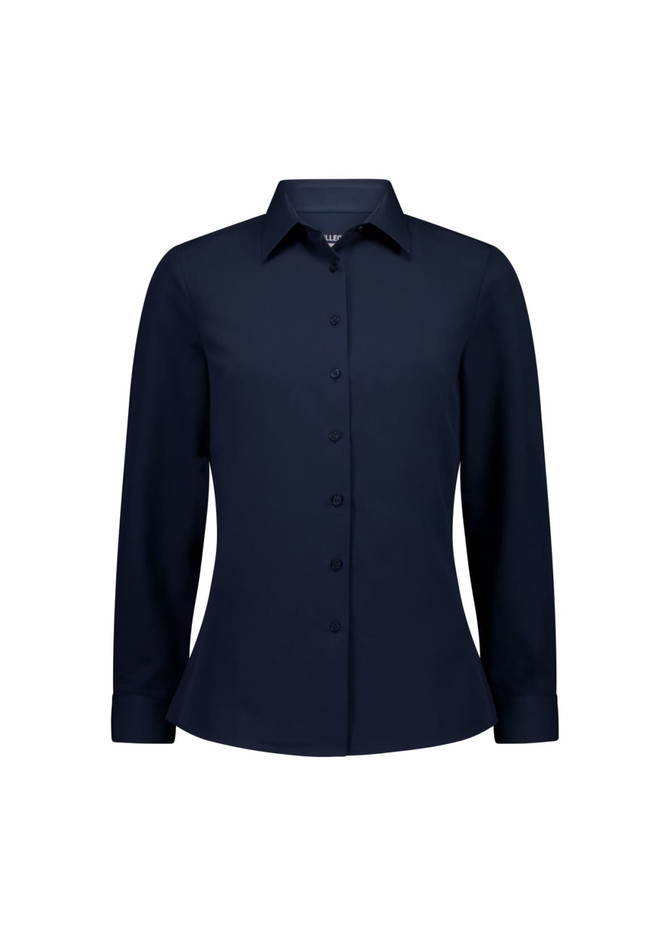 A women's long sleeve shirt in navy blue with a button-down front and a collar, featuring a logo on the label.