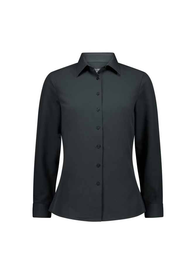 A women's long sleeve shirt in black with a button-up front and a collar. It features a logo on the fabric.