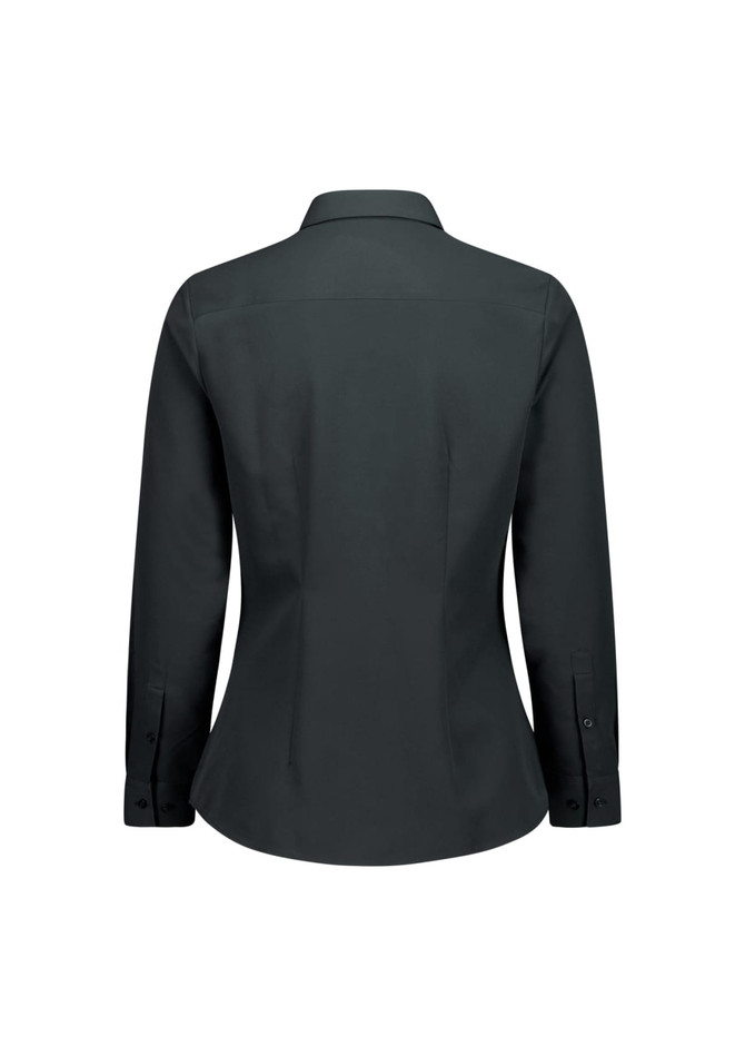 A women's long sleeve shirt in dark grey, featuring a fitted design and buttoned cuffs. Includes a logo on the garment.